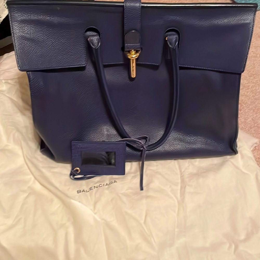 Balenciaga navy blue tote with mirror.